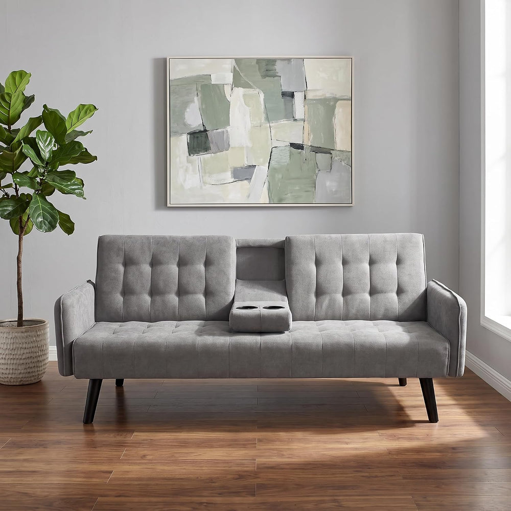 72" Futon Sofa Bed, Convertible Sleeper Sofa with Cup Holder, Gray