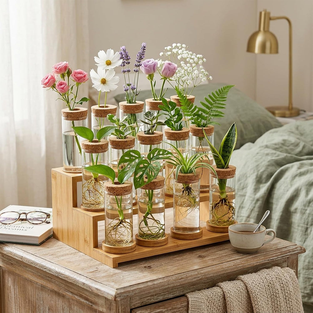 16 Pcs Propagation Vases with Bamboo Stand and Hole Lid, Glass Plant Propagat...