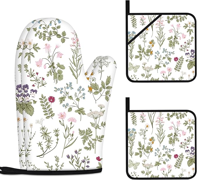 Floral Oven Mitts and Pot Holders Sets Wildflower Oven Gloves Heat Resistant 4 by Kupenya