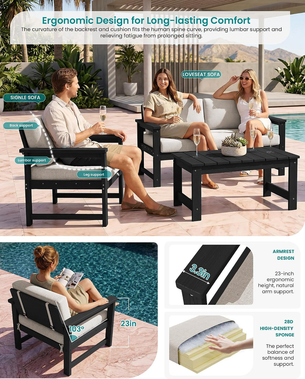SERWALL HDPE Outdoor Loveseat with Cushion, Outdoor Sectional Furniture Set