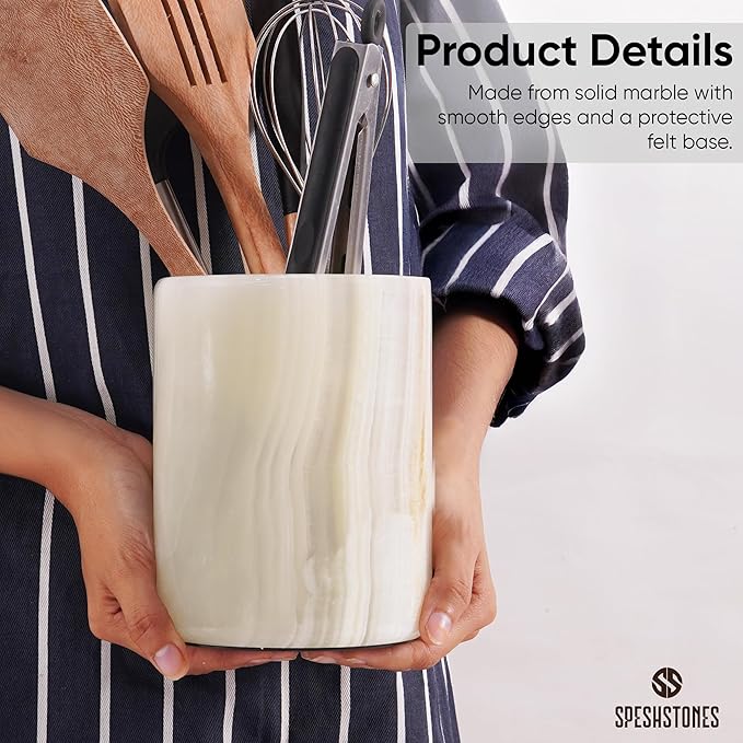 Marble Utensil Holder 6.5 Inch Cream Onyx Wooden Cooking Utensils Set & S...