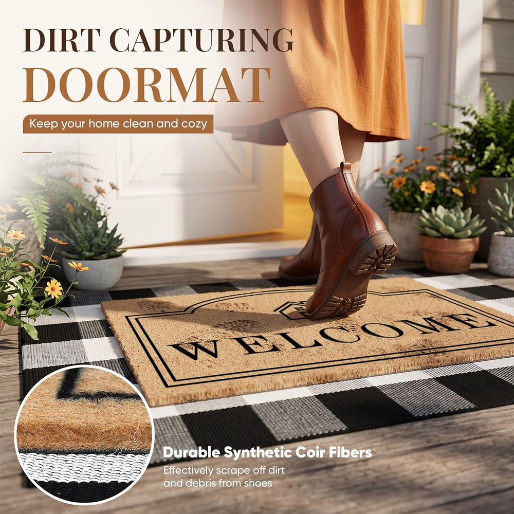 2 Pcs Layered Coir Front DoorMat Set, 0.6" Extra Thick & Non Slip Ba...