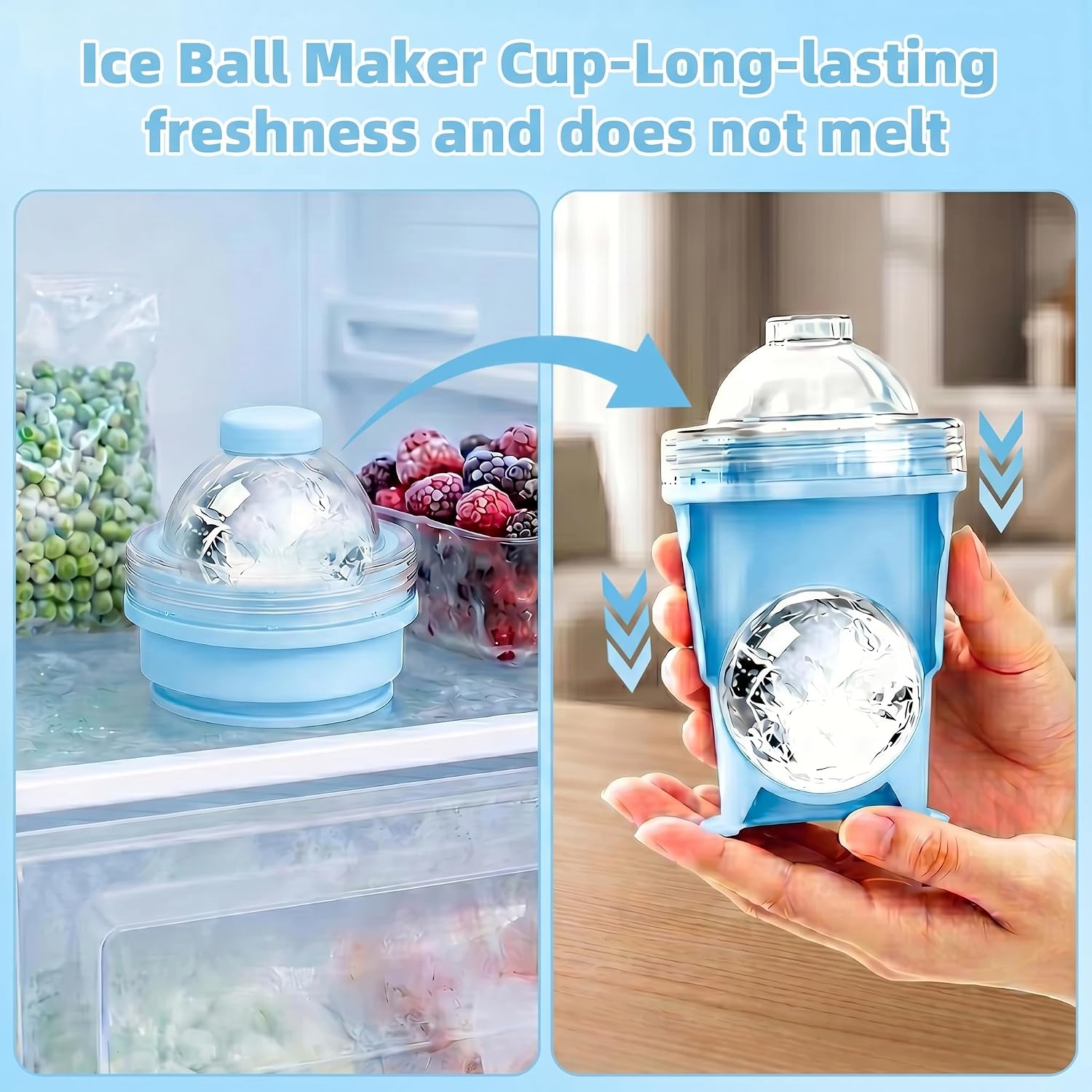 2-in-1 Collapsible Silicone Ice Ball Maker Cup, Reusable Portable Large Ice Sphere Mold with Straw & Lid, Easy to Demo, Leakproof Travel Ice Mold Cup for Coffee,Whiskey,Juice Gym Outdoor-Blue