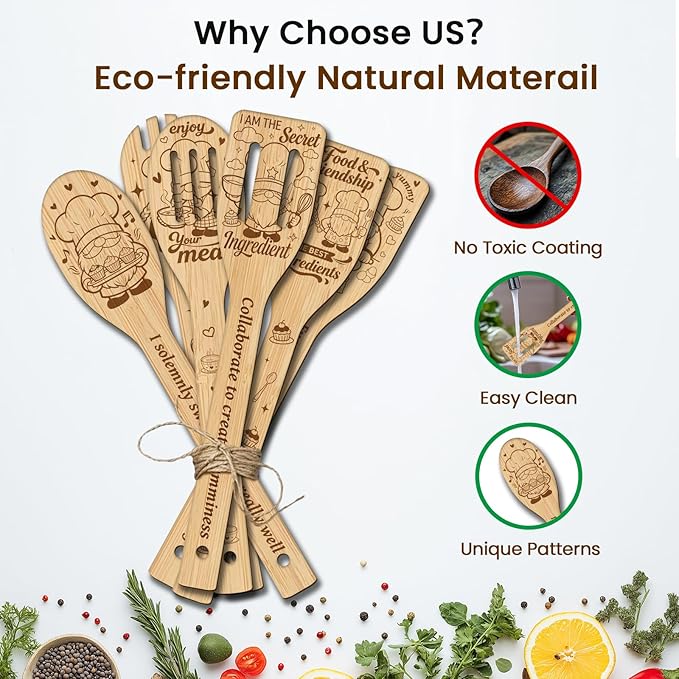 CUTHOLLOW 6PCS Chef Gnome Wooden Kitchen Cooking Utensil Set, 11.9in Non Toxic - Image 3