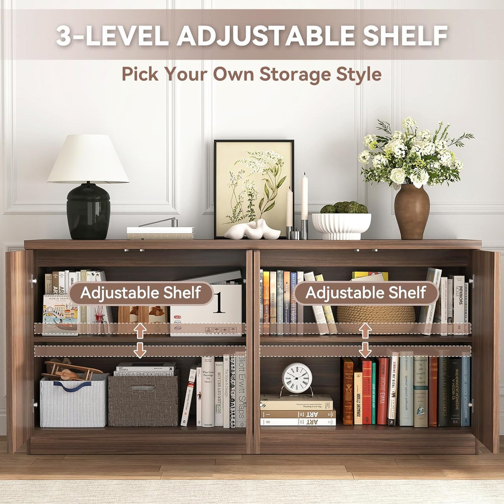 63" Fluted Buffet Cabinet Sideboard with Storage,Large Credenza with 4 D...