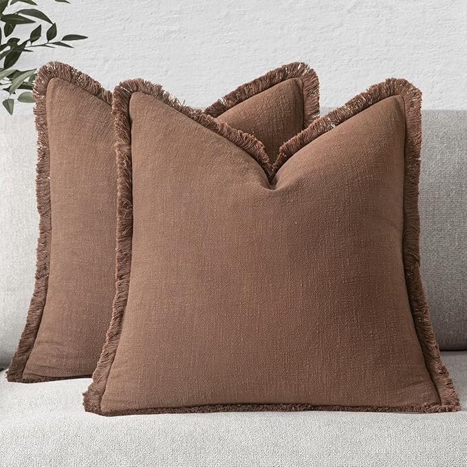 MIULEE Decorative Throw Pillow Covers Neutral Linen Fringe Throw Pillows Euro by MIULEE