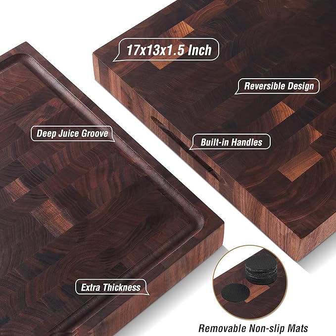 AZRHOM Large End Grain Walnut Wood Cutting Board 17x13x1.5 in Thick Butcher - Image 6