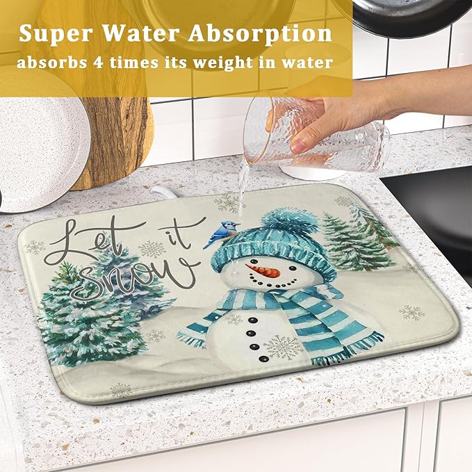 Giwawa Blue Snowman Dish Drying Mat Xmas Trees Bird Winter Snowy Scene Dish - Image 7