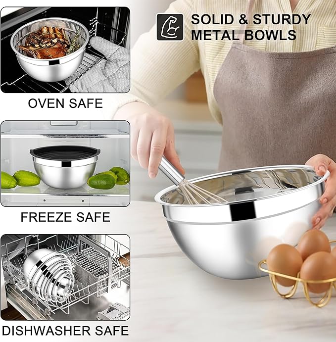 E-far Mixing Bowls with Lids Set, 7-Piece Stainless Steel Metal Mixing Bowls - Image 6