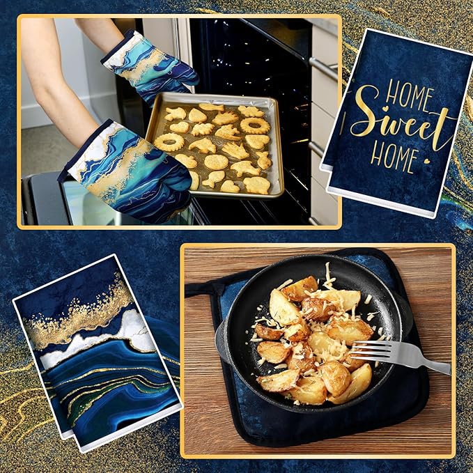 Bencailor 6 Pcs Marble Kitchen Decor Gold Pot Holders Oven Mitts 2 Dish Towels - Image 6