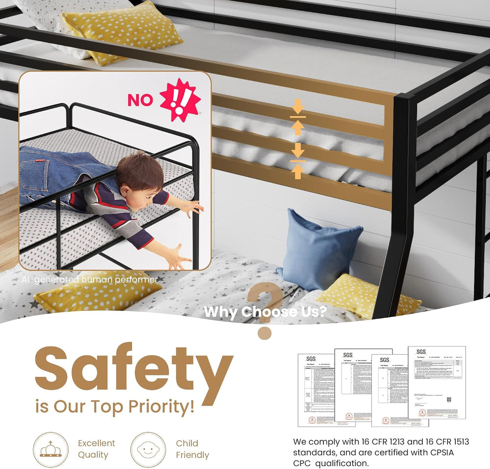 SHA CERLIN Bunk Bed Twin Over Full Size with Ladder and Guardrail,Black
