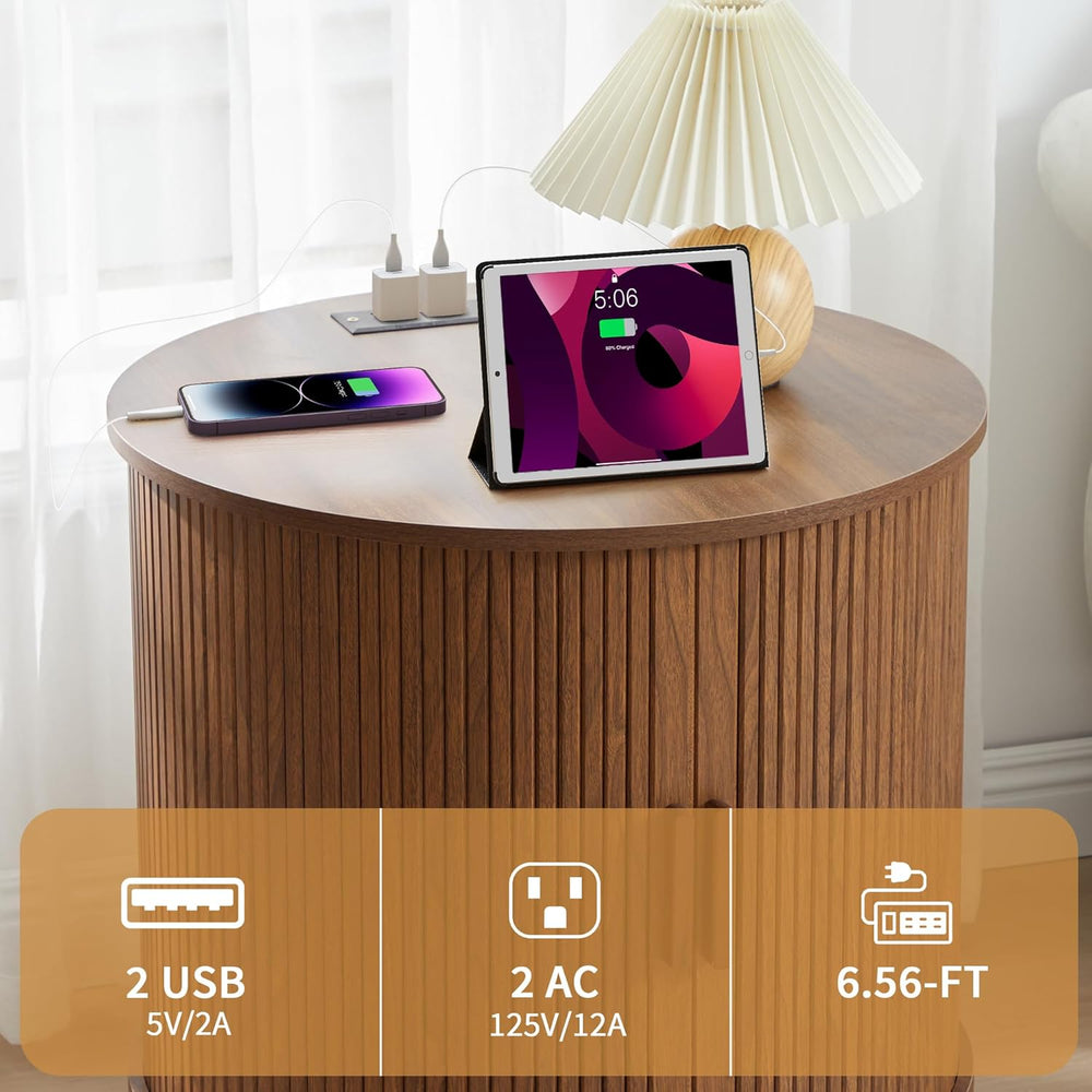 24" End Table with Charging Station, Farmhouse Round Fluted Wood Night S...