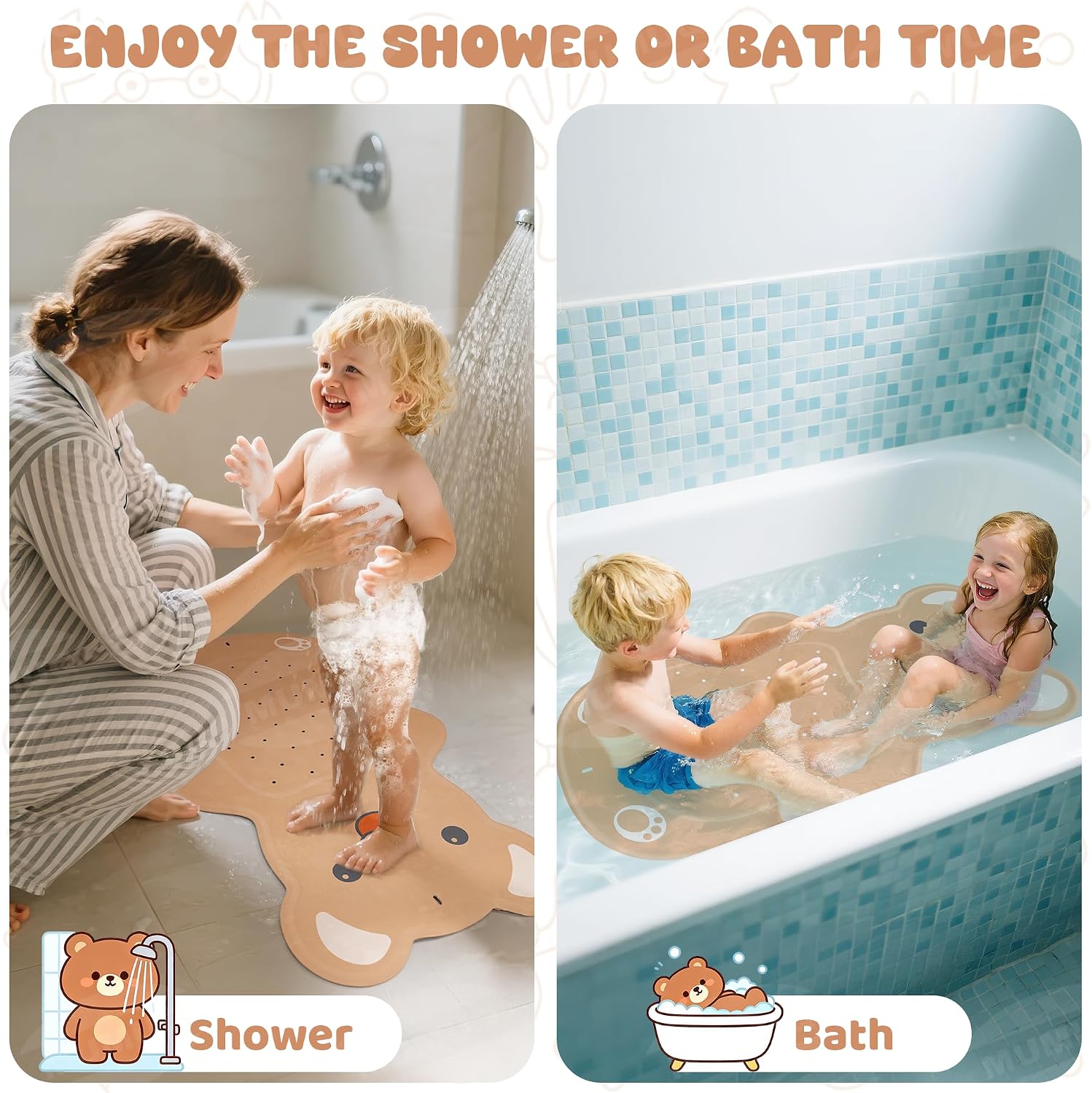 Kids Bathtub Mat Non Slip 30"x18" Soft Rubber Shower Mat for Kids | Baby Bath Mat for Tub, Bear Cartoon Design, 120+ Suction Cups, 40+ Drain Holes, Machine Washable Non-slip Tub Mat