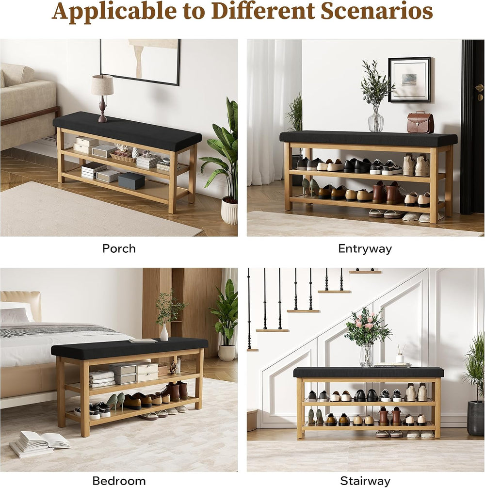 2 Tier Shoe Rack Bench with Cushion, Rubberwood Shoe Benches, Mid-Century Mod...