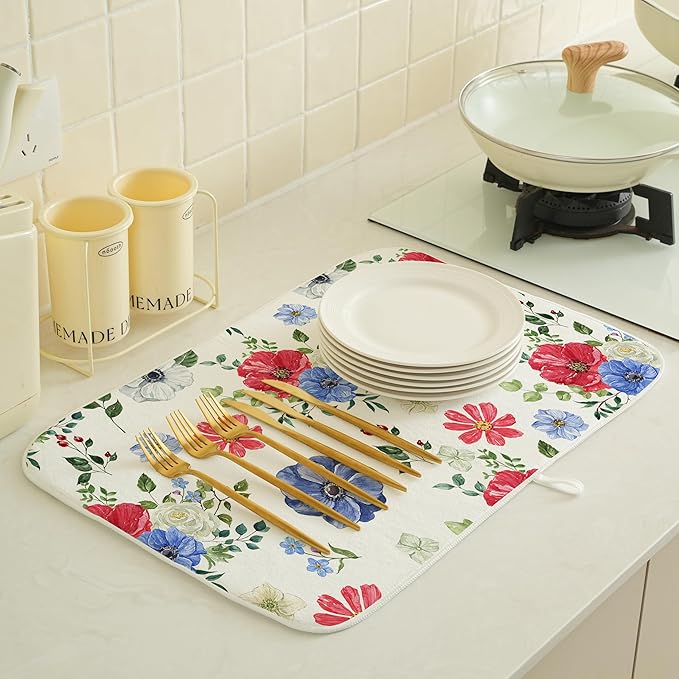 Blue Red Floral Dish Drying Mats 18x24 Inch Independence Day Flower Drying Mats - Image 4