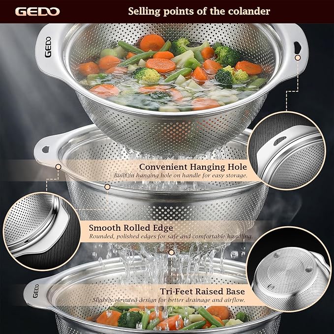 GEDO 304 Stainless Steel Colander Set, 3 Pack Kitchen Food Strainer - Image 5