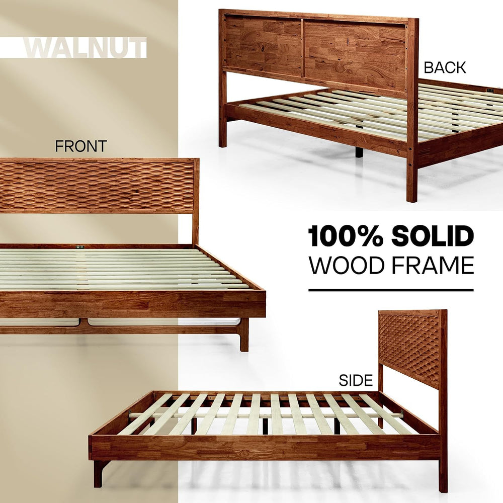 Acacia Elara Wood Bed Frame with CNC-Carved Headboard, Queen Size, Walnut