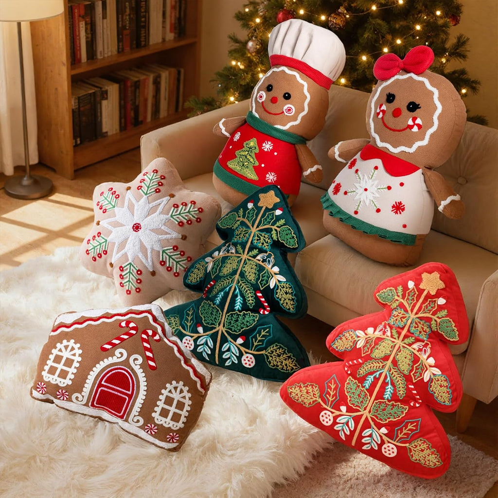Lanpn Christmas Throw Pillows Set of 5, Christmas Decoration Winter Throw Cushions Snowflake Gingerbread Man 3D Shaped Xmas Tree Pillow for Sofa Living Room Bedroom Xmas Decor