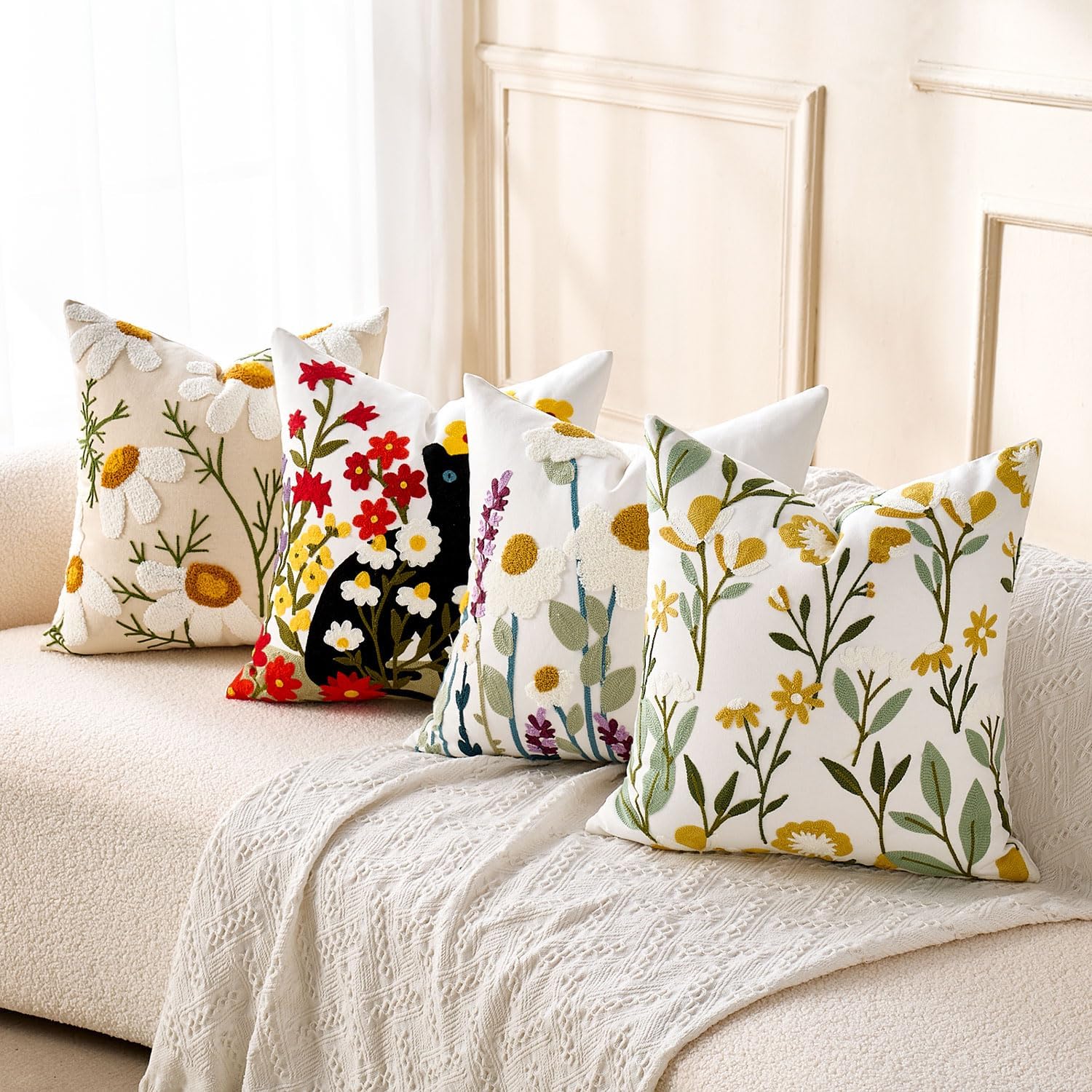 Embroidered Floral Throw Pillow Covers Summer Decorative Couch Pillow Covers Farmhouse Green Floral Tufted Pillow Covers 20x20 Square Cushion Cases Set of 2 for Living Room Couch Sofa Bed Home Decor