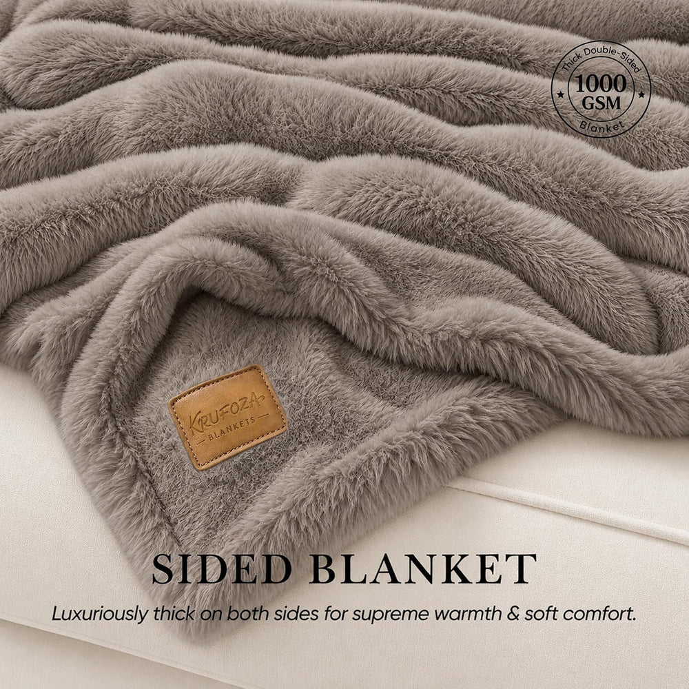 1000 GSM Double-Sided Faux Fur Throw Blanket, 50" x 60", Dune Brown...