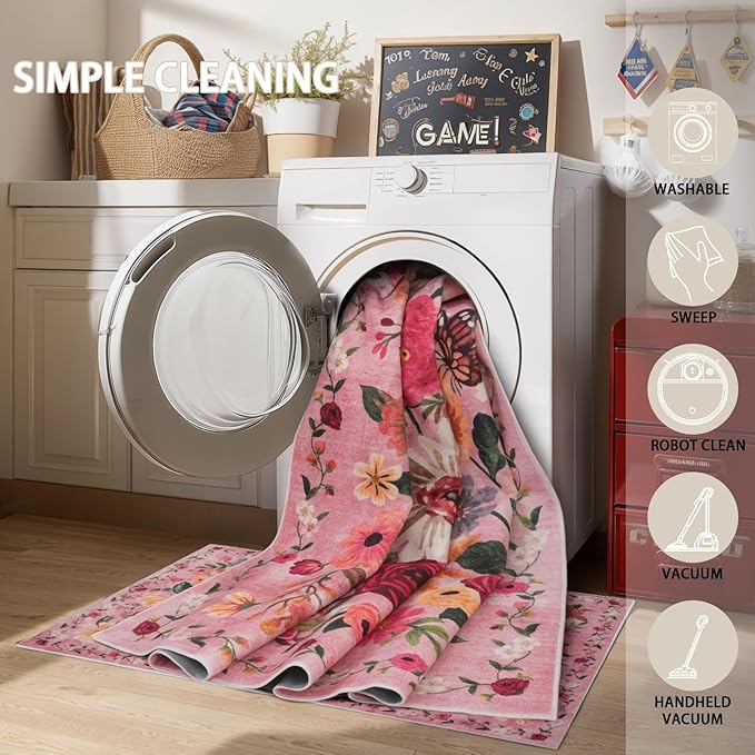Pink Floral Hallway Runner Carpet Non-Slip, 2x10 Washable Rug Ultra-Thin Soft - Image 5