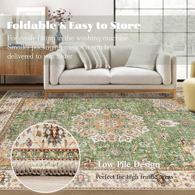 Area Rug 9x12 Washable Rug, Vintage Boho Medallion Rugs Non-Slip Soft Low Pile - Image 6