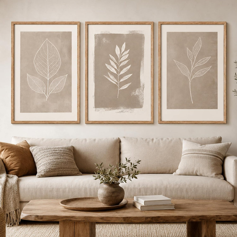 Framed 3pcs Boho Neutral Leaf Canvas Wall Art 12x16 Inch