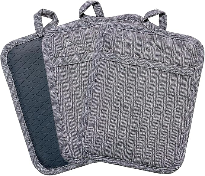 Pot Holders Yarn-Dyed Set of 3 Non Slip Silicone Kitchen Lines Heat Resistant by REDLMLDETA