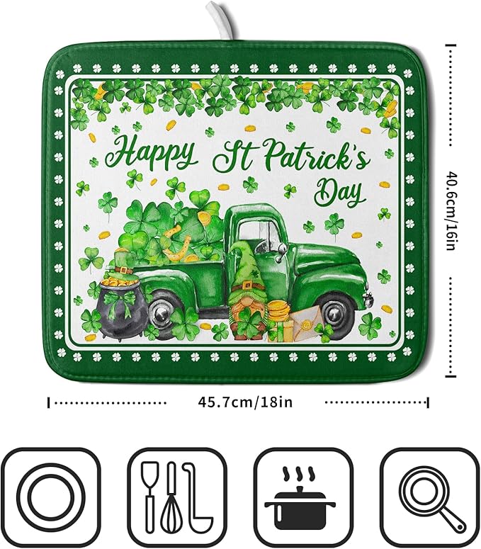 Shamrock Gnome Truck Dish Drying Mat Lucky Clover Dish Drainer Mat 16x18 inch - Image 2