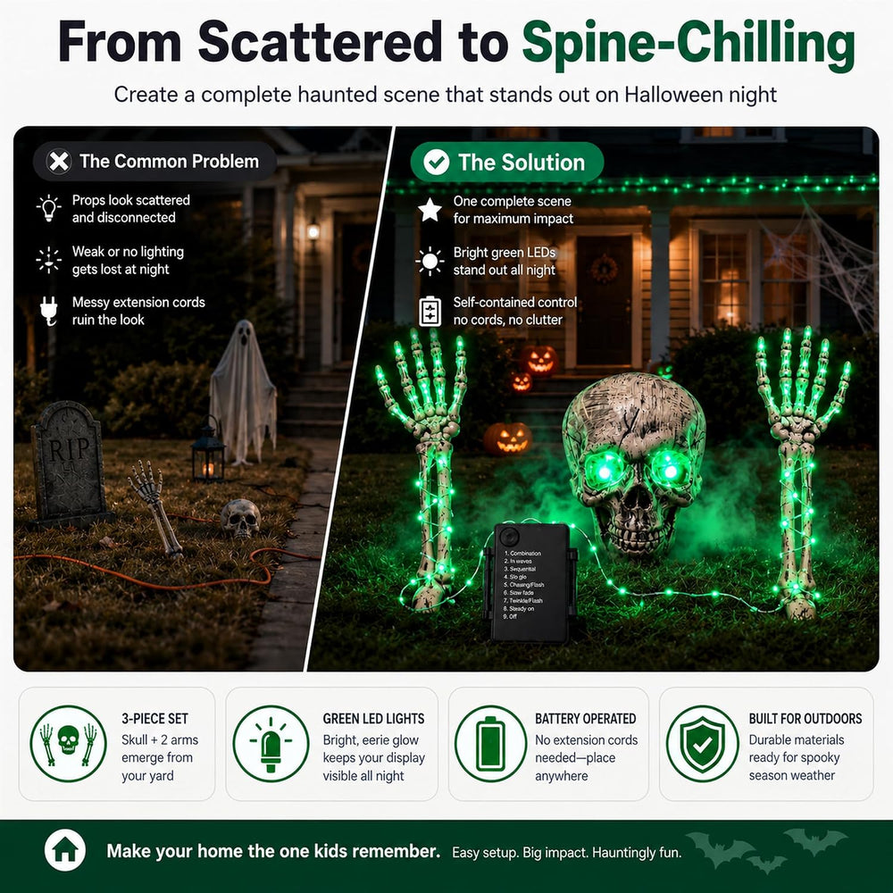 Halloween Skeleton Decorations Outdoor, 3-Piece Green LED Yard Stakes, Skull ...