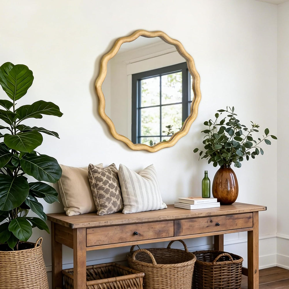 AMOISE Round Wavy Wall Mirror, 24" Circle Boho Scalloped Mirror