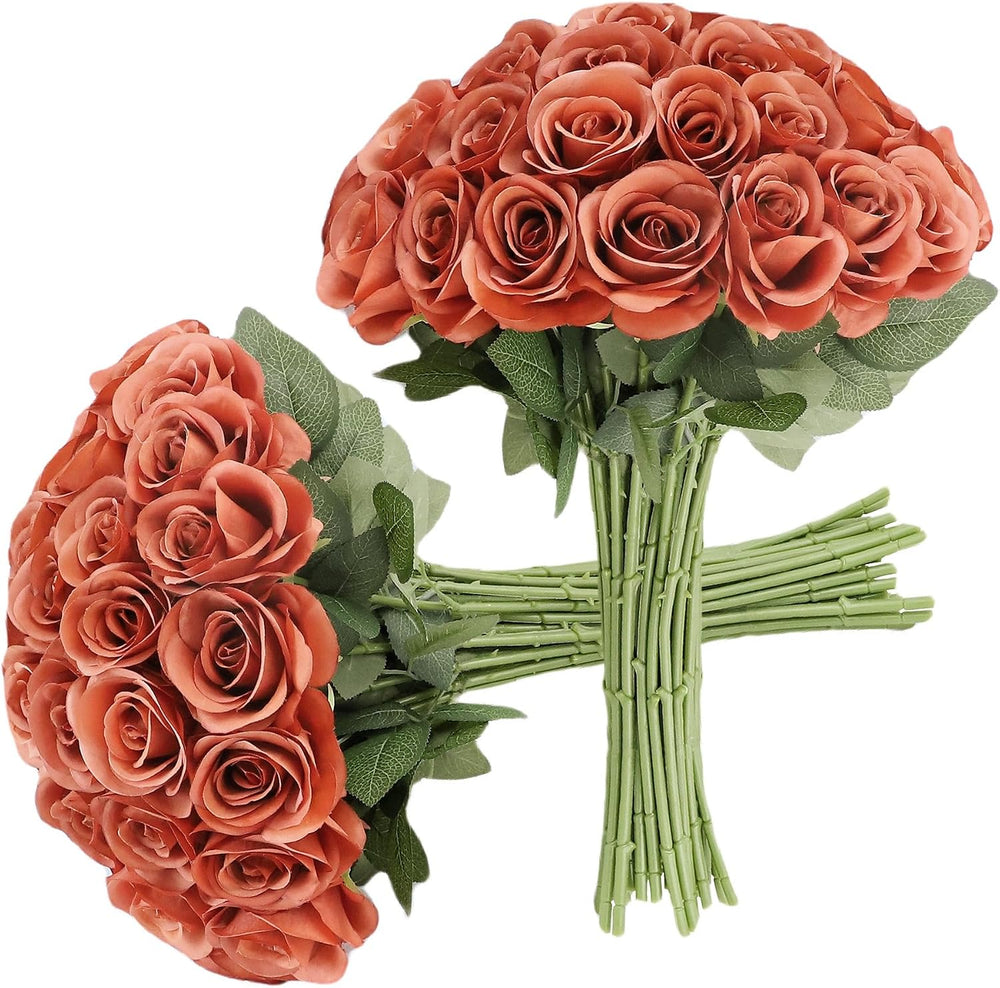 JUSMAI 30pcs Fake Roses Burnt Orange Artificial Flowers Fall Flowers