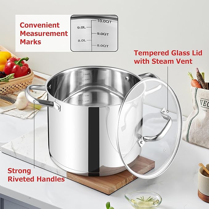 LIANYU 10 Quart Pot with Lid, 10 QT Tri-ply Stainless Steel Stockpot, Heavy - Image 5