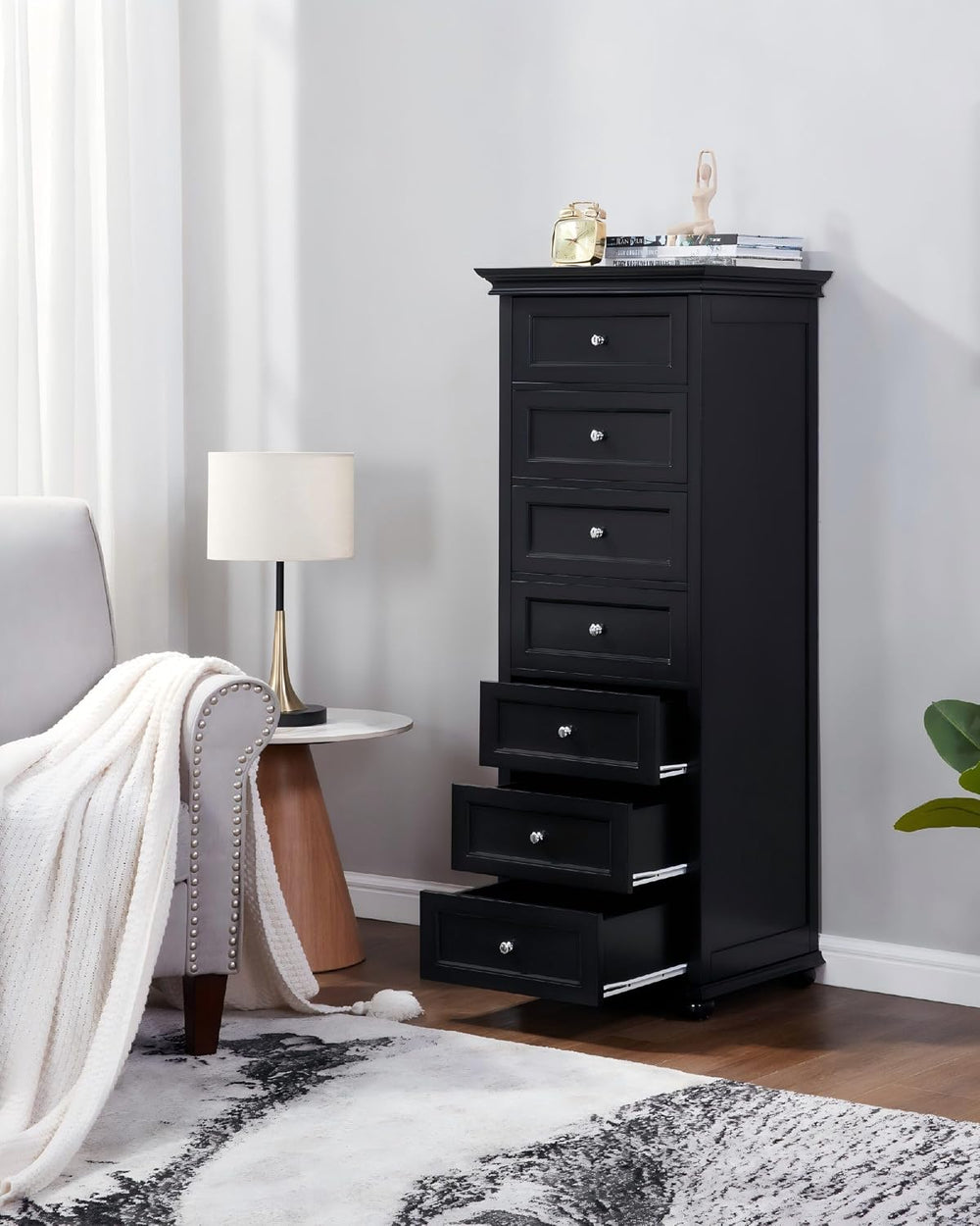 Tall Skinny Dresser for Bedroom with 7 Drawers, Black Narrow Wood Dresser