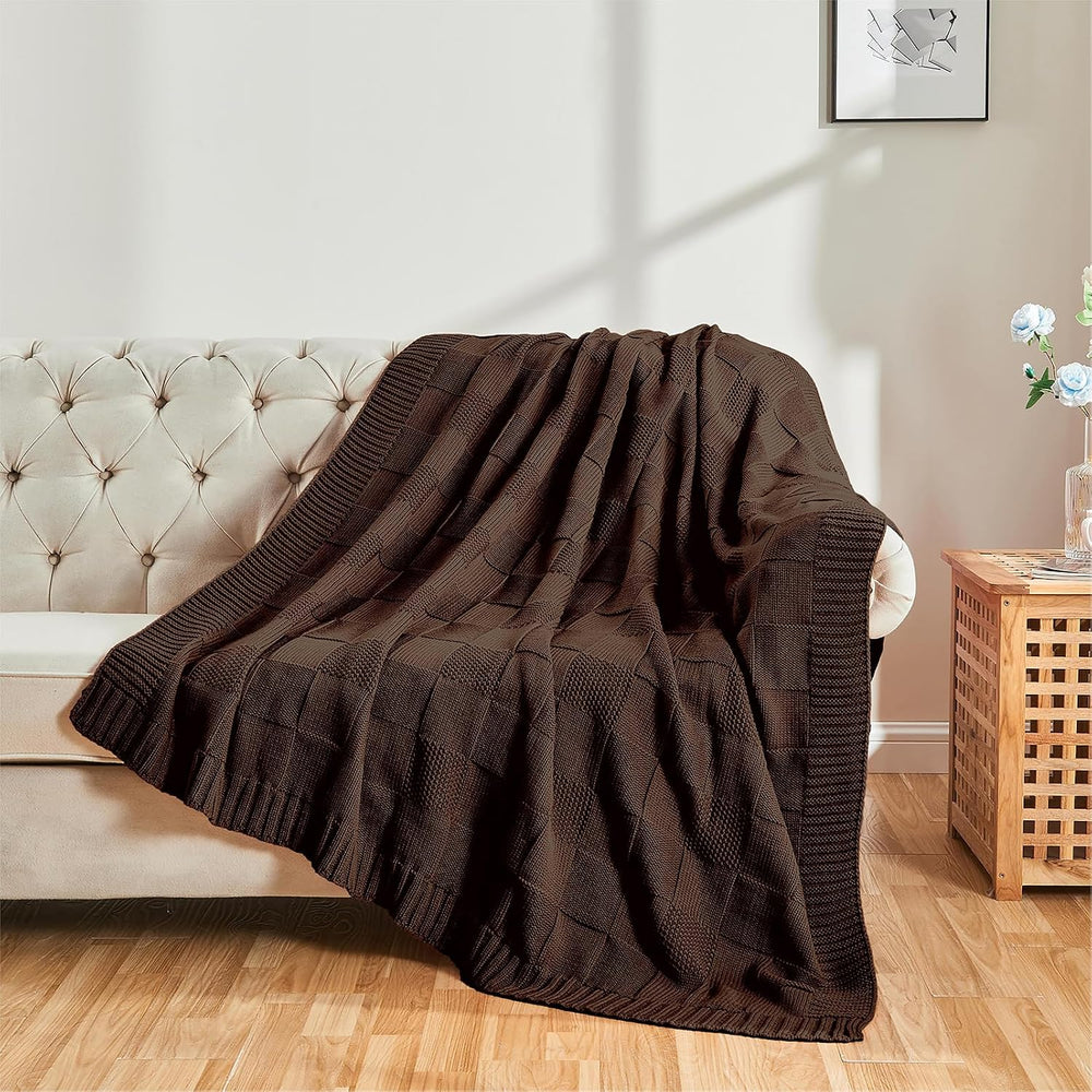 Dark Brown Knitted Checkered Throw Blanket 50"X60"