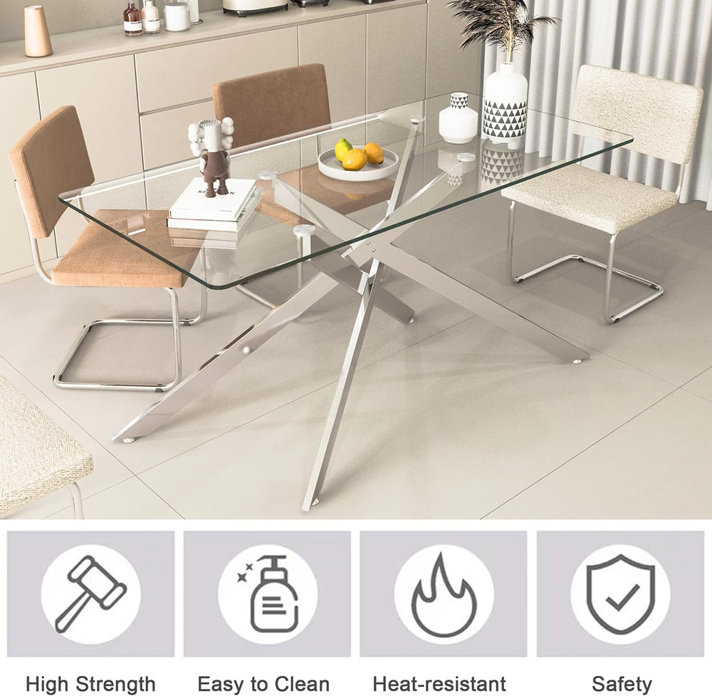 61" Rectangle Glass Dining Table for 4-6, Luxury Kitchen Table with Temp...