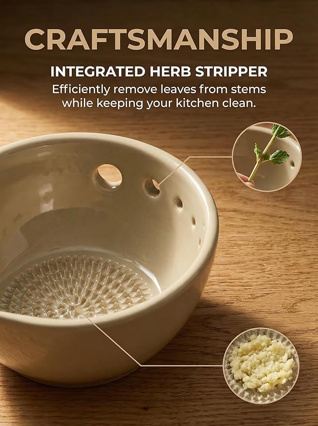 Garlic Grater Bowl 7-hole 2-in-1Kitchen Spanish Handheld Herb Stripper Ceramic - Image 5