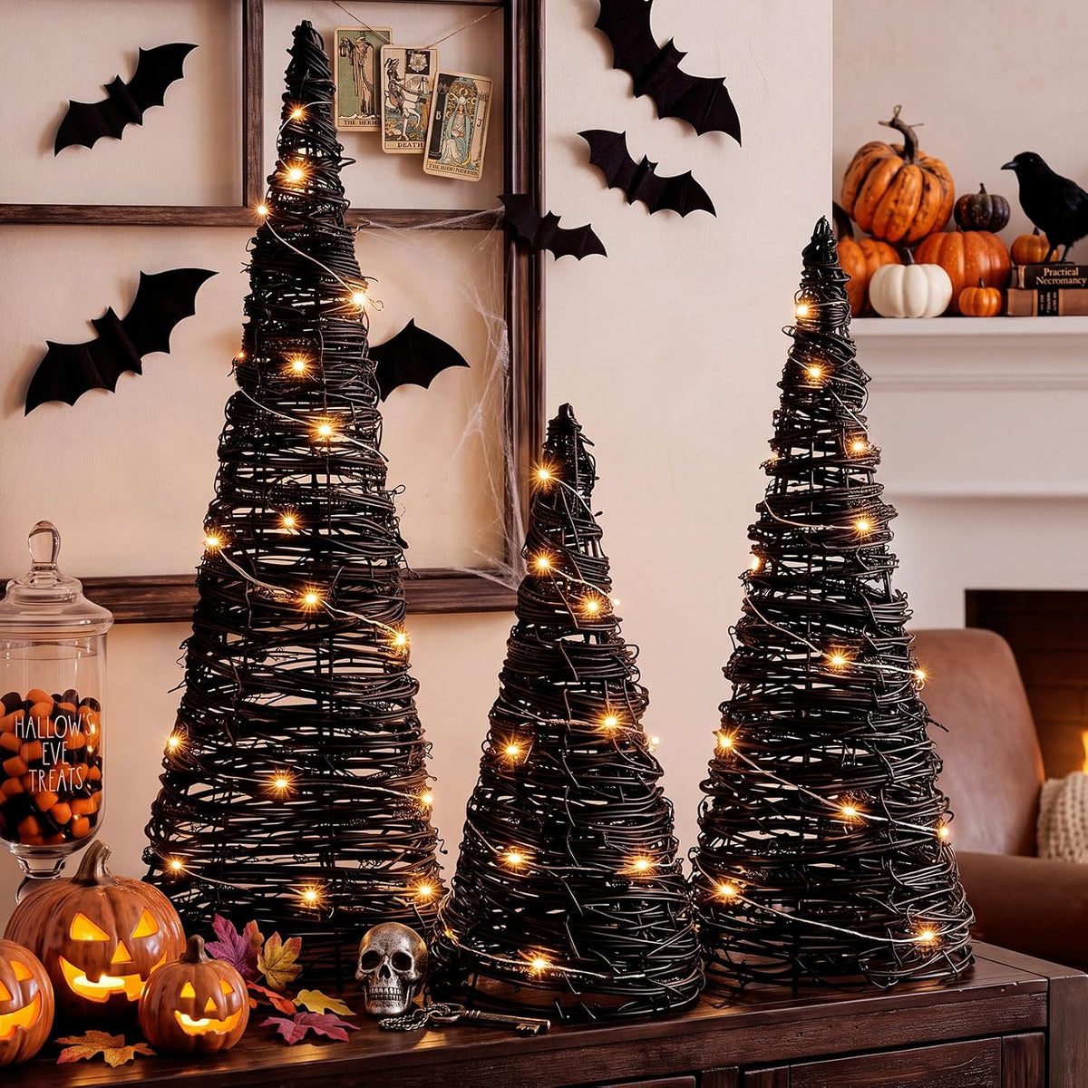 Jenaai 3 Lighted Halloween Rattan Trees 24" 16" 12", Cone Trees Decor