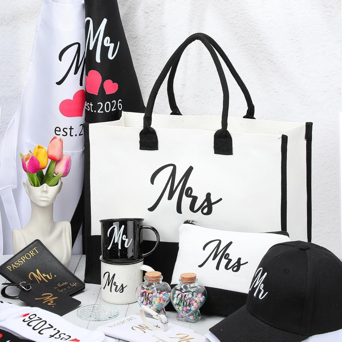 15 Pcs Mr Mrs Wedding Gift Set 2026 Aprons Mugs Hats,Bride | Passport Holders, Luggage Tags, Cotton Socks, Tote Bag, Glass Jars for Honeymoon, Bridal Shower, Engagement Newlyweds