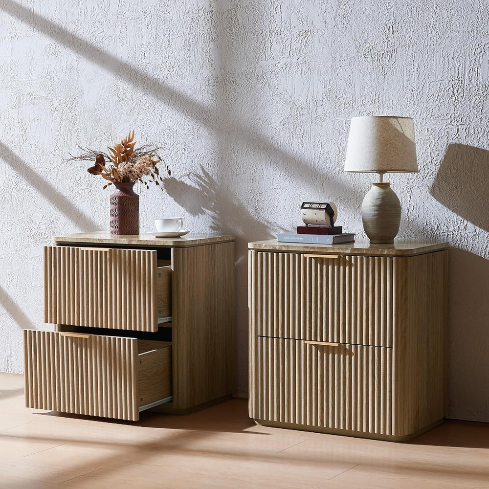 Fluted Nightstands Set 2 with Faux Marble Top, Modern Bedside Table | FSC-Cer...