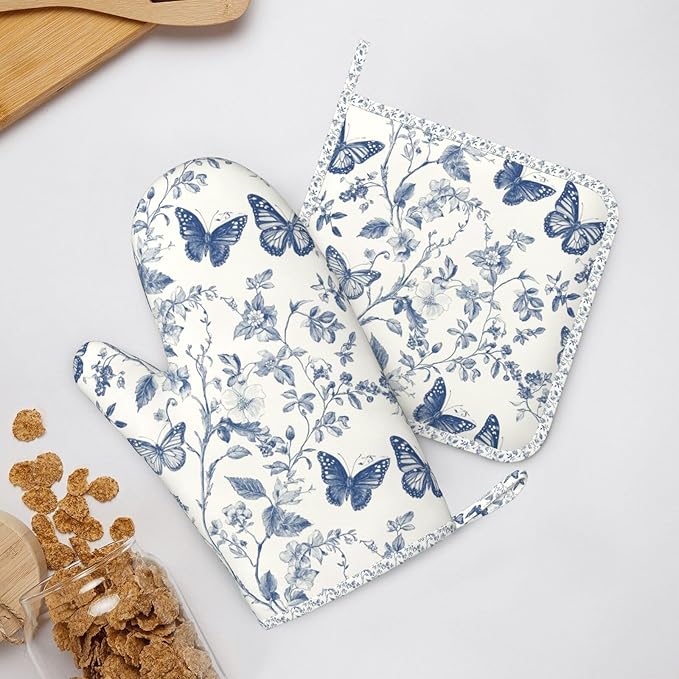 Oven Mitts and Pot Holders Butterfly Flower Vintage Blue Silicone Kitchen - Image 6