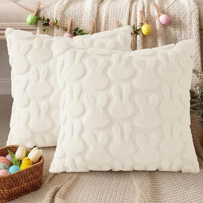 decorUhome Easter Bunny Pillow Covers 16x16 Inch Set of 2, Soft Plush Faux Wool - Image 6