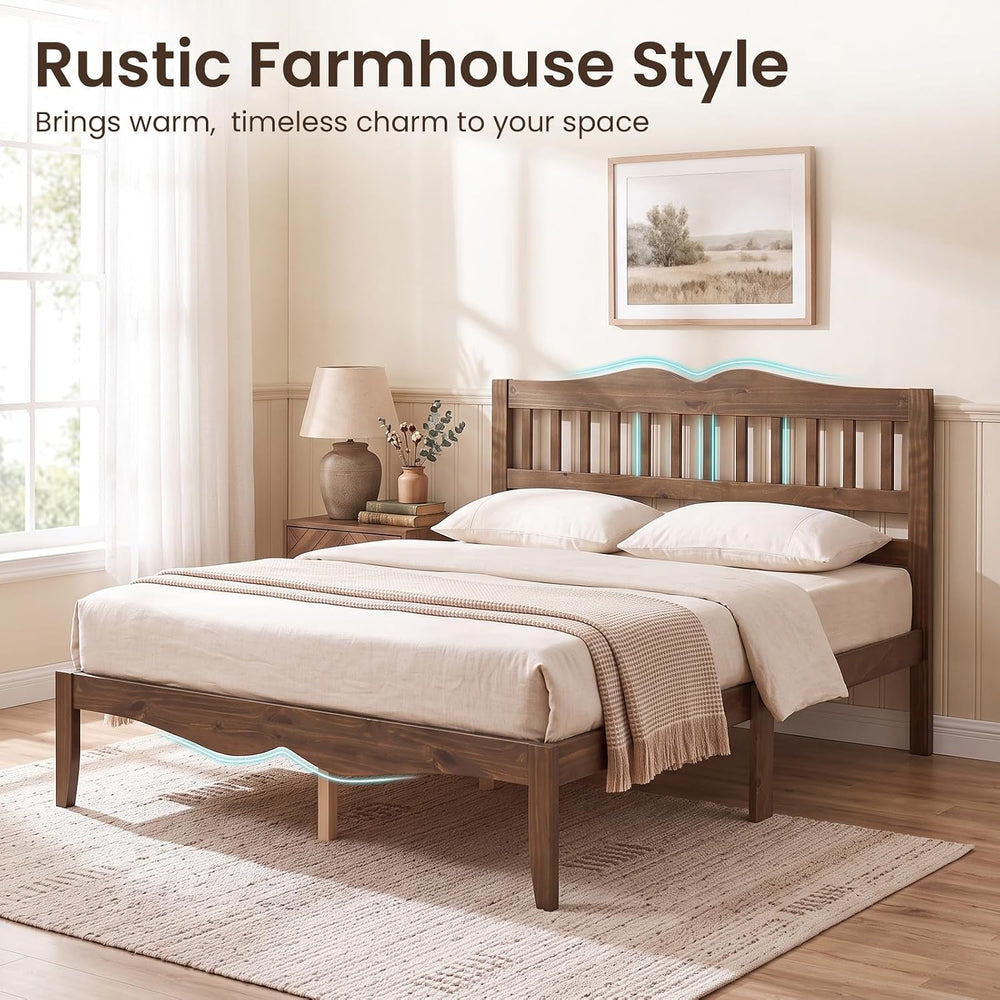 KOMFOTT Full Size Bed Frame, Farmhouse Wooden Bed with Slatted Headboard