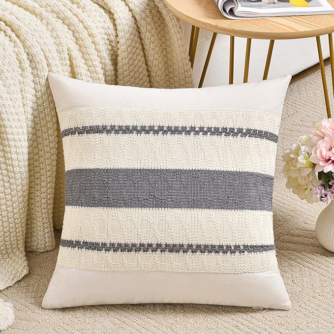 Fancy Homi Set of 1 Neutral Grey Farmhouse Decorative Throw Pillow Covers 16x16 by Fancy+Homi