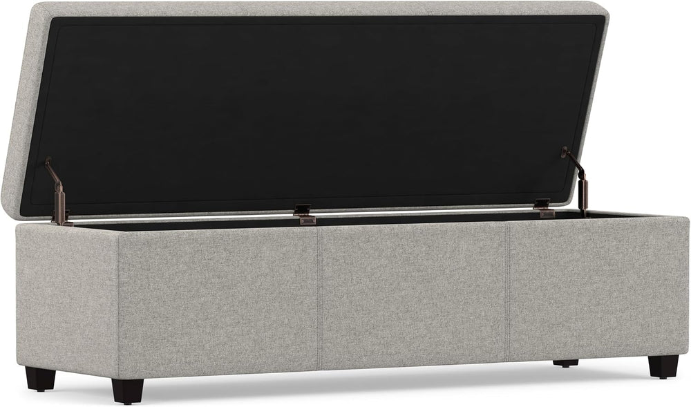 SIMPLIHOME Avalon 54" Wide Linen Look Fabric Storage Ottoman in Cloud Gr...