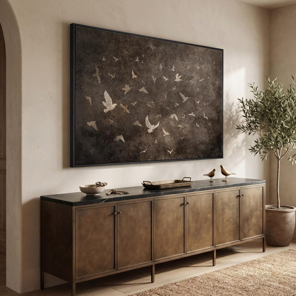 extra large framed vintage bird abstract wall art shown in use