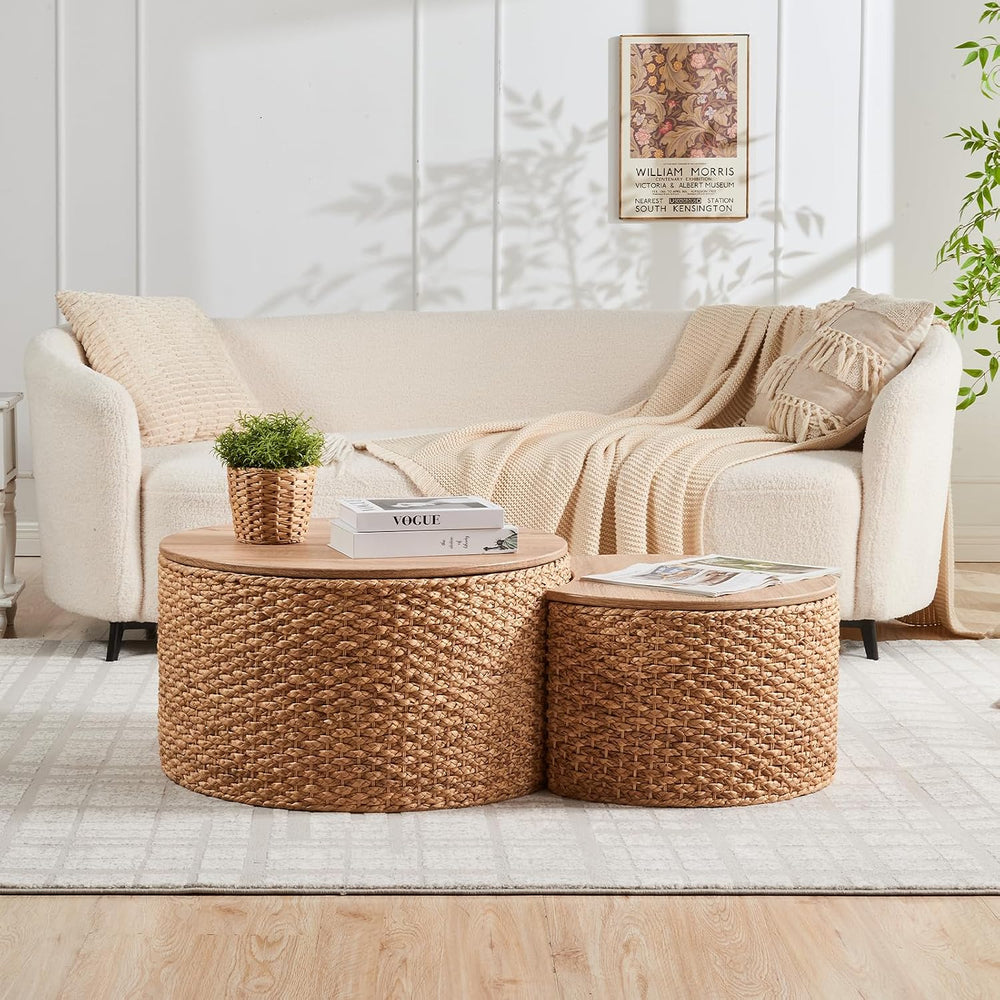 Round Nesting Coffee Table Set of 2 with Storage - Handwoven Wicker Rattan Ot...