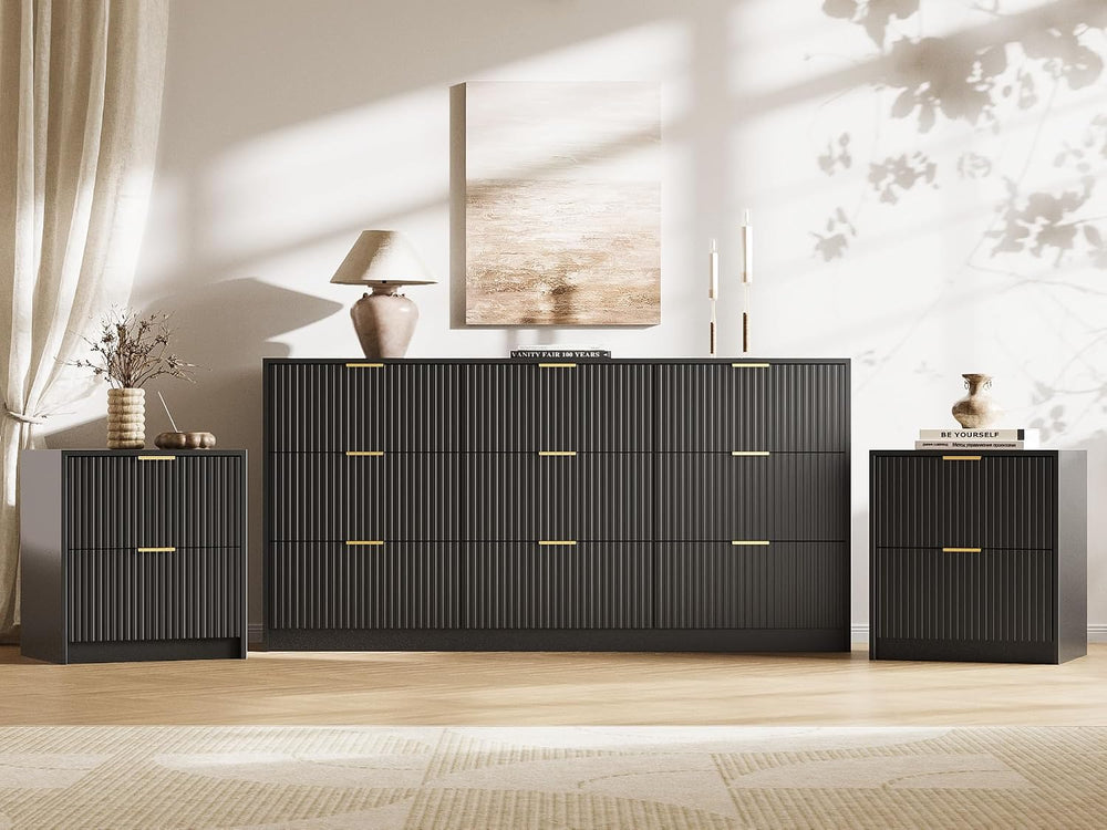 Black 3-Piece Bedroom Set, 9-Drawer Dresser & 2-Drawer Nightstands