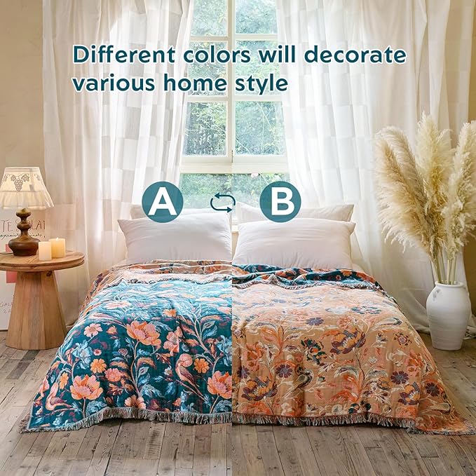 MSGKV Boho Throw Blanket for Bed 60"x80" Cotton Birds Floral Twin Size Couch - Image 3