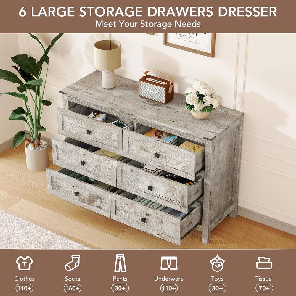 EazeHome 3 Piece Bedroom Furniture Set, Farmhouse 6 Drawer Dresser and 2 Draw...